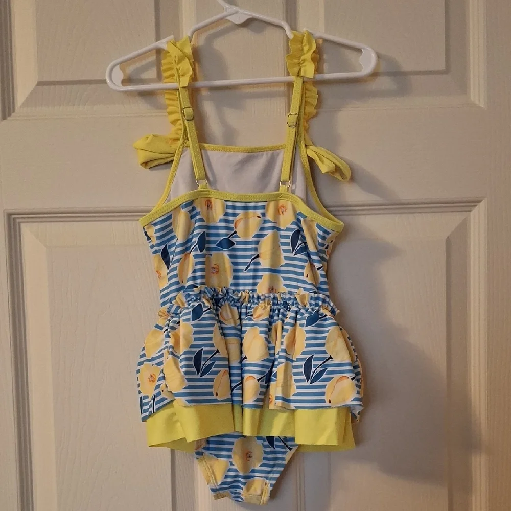 Yellow Floral and Blue Striped Swimsuit